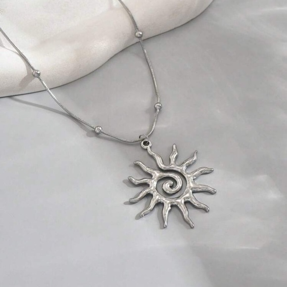 Silver Plated Stainless Steel Beaded Spiral Sun Pendant Necklace - Picture 3 of 3